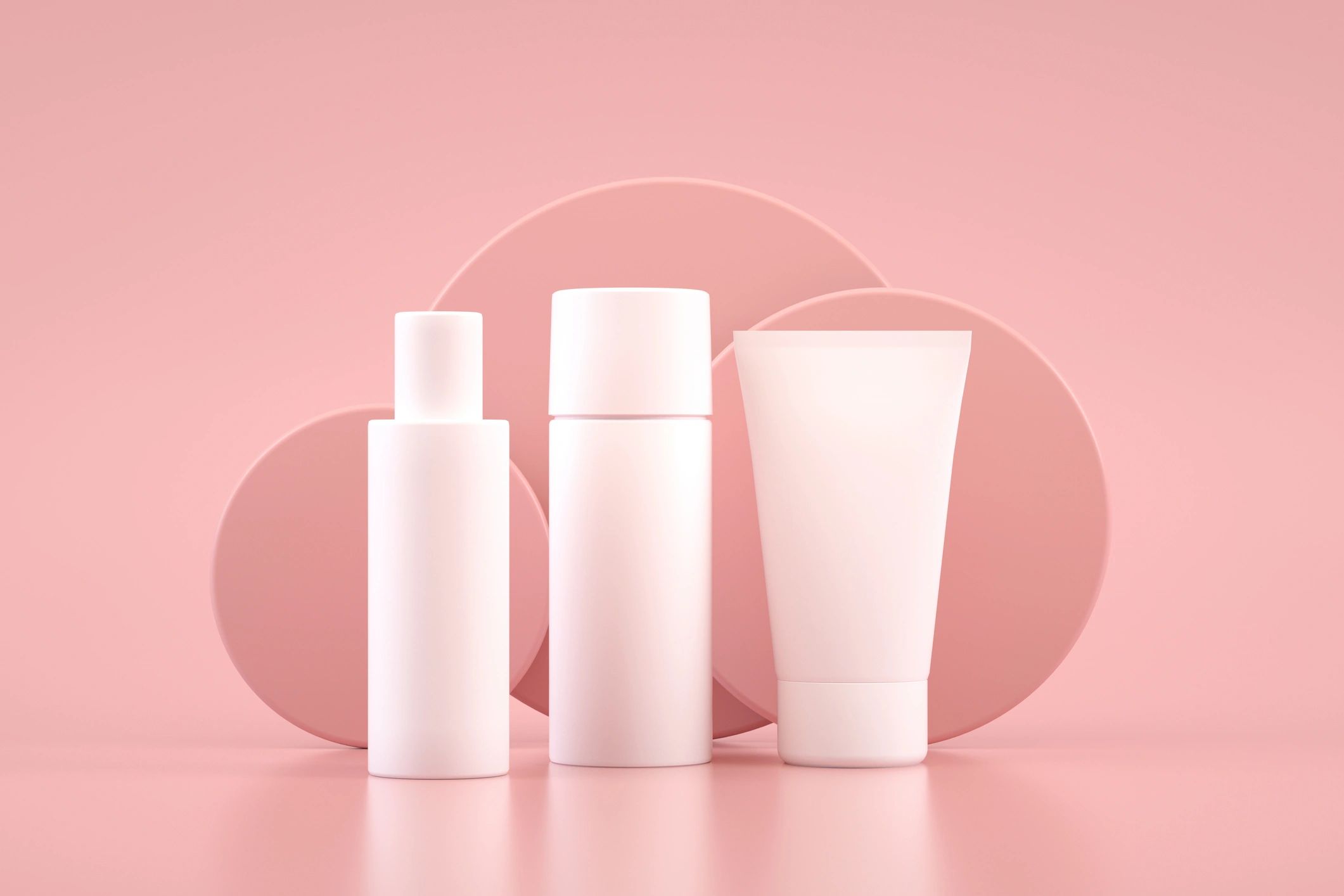 Skin care product bottles arranged for brand presentation